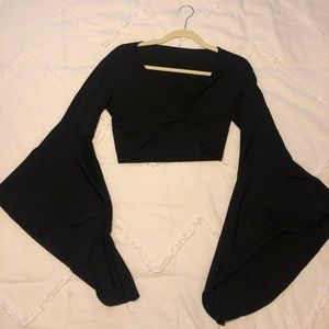 Black, Bell Sleeves Crop Top